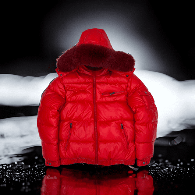 Red puffer jacket with a snow in the background