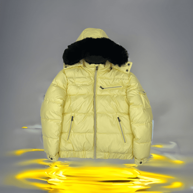 yellow puffer jacket, front view